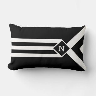 White Stripes and Chevrons on Black with Monogram Lumbar Cushion
