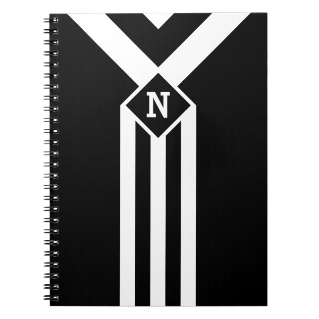 White Stripes and Chevrons on Black with Monogram Notebook (Front)