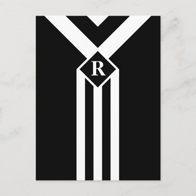 White Stripes and Chevrons on Black with Monogram Postcard (Front)