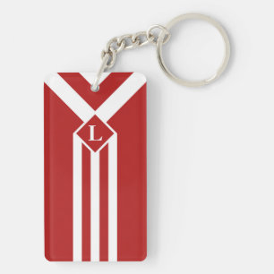 White Stripes and Chevrons on Red with Monogram Key Ring