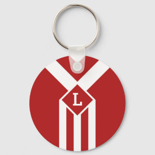 White Stripes and Chevrons on Red with Monogram Key Ring
