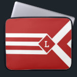 White Stripes and Chevrons on Red with Monogram Laptop Sleeve<br><div class="desc">Stylish geometric pattern features bold white stripes on a red background. Three alternating white and red chevrons end at a red diamond outlined with white. It looks like a stylised medal hanging from a ribbon. The diamond contains a customisable monogram. Three white stripes extend from the opposite side of the...</div>