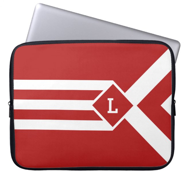 White Stripes and Chevrons on Red with Monogram Laptop Sleeve (Front)