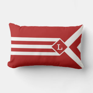 White Stripes and Chevrons on Red with Monogram Lumbar Cushion