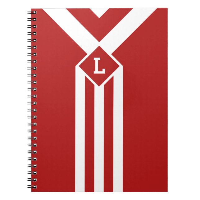 White Stripes and Chevrons on Red with Monogram Notebook (Front)