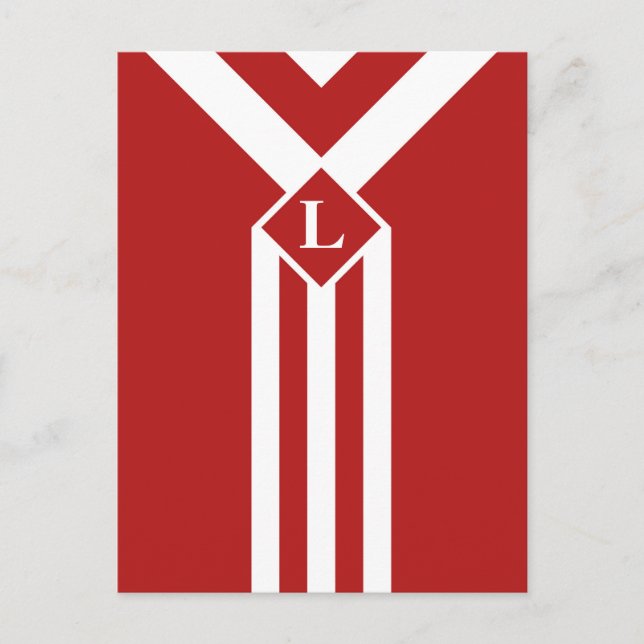 White Stripes and Chevrons on Red with Monogram Postcard (Front)