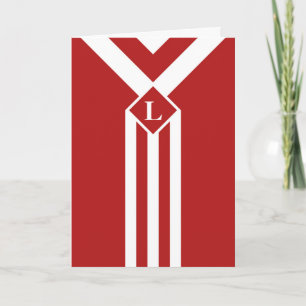 White Stripes and Chevrons on Red with Monogram Thank You Card