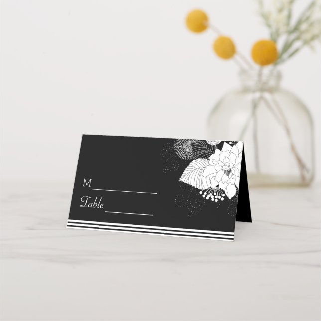 White Stripes And Flowers Place Card (Front)