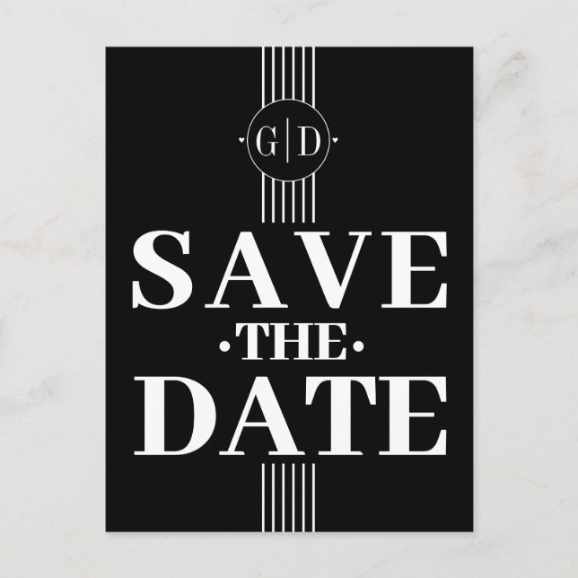 White stripes and initials black Save The Date Postcard (Front)