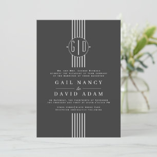 White stripes and initials charcoal grey wedding invitation