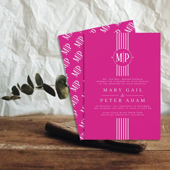 White stripes and initials magenta wedding invitation (Creator Uploaded)