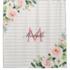 white stripes blush floral monogram shower curtain