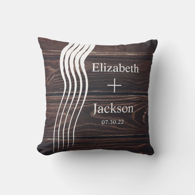White Stripes Dark Wood Monogram Couples Wedding  Cushion (Front)