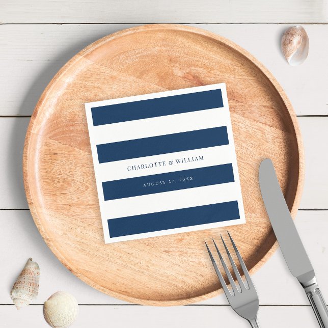 White Stripes & Editable Colour Nautical Wedding Napkin (Creator Uploaded)