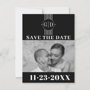 White stripes, initials black photo Save The Date Postcard