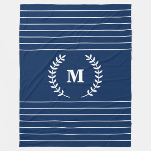 White Stripes Modern Minimalist Navy Blue Monogram Fleece Blanket
