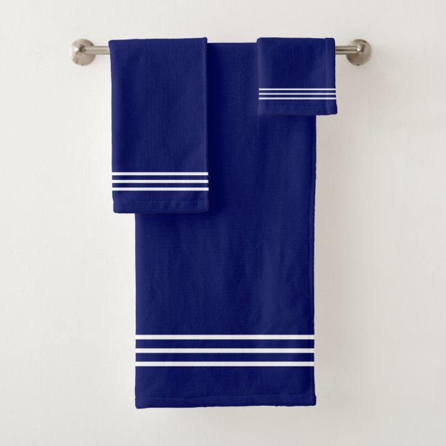 White Stripes on Navy Blue Bath Towel Set (Insitu)