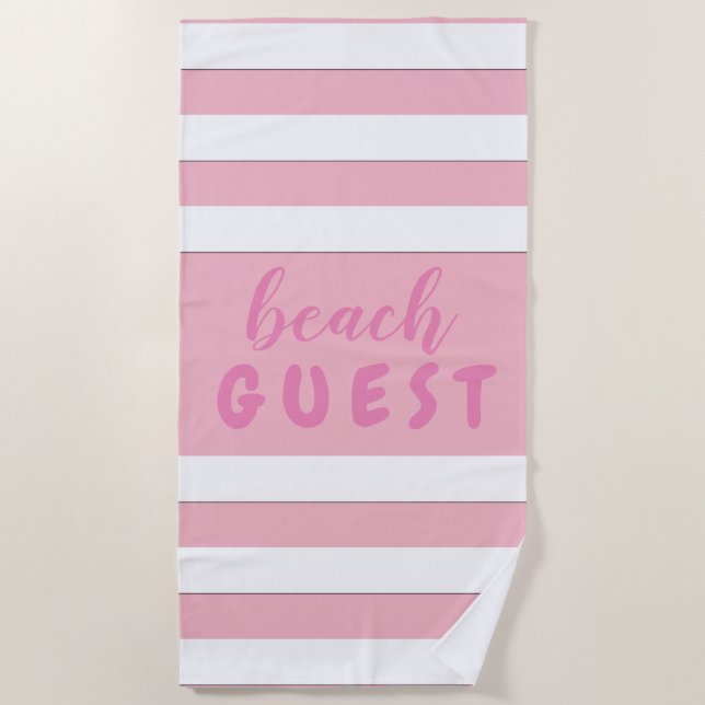 White Stripes on Pink Custom Text Beach GUEST Beach Towel (Front)