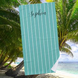White Stripes on Teal & Black Script Name Beach Towel