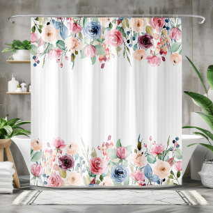 White Stripes Spring Flowers Border Accent Shower Curtain