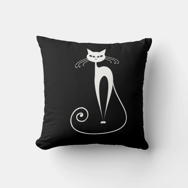White Stylised Cats on Black Cushion (Front)