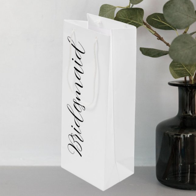 White Stylised Script Wedding Bridesmaid Wine Gift Bag (In Situ)