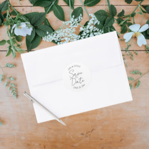White Stylised Wedding Save the Date Classic Round Sticker