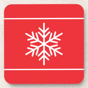 White Stylish Snowflake Stripes On Bright Red Coaster