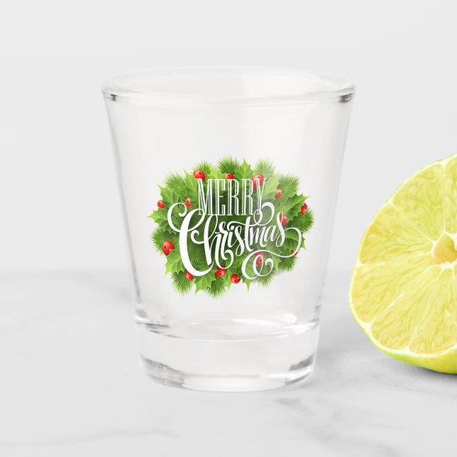 White Stylish Typography Merry Christmas Holly Shot Glass (Front)