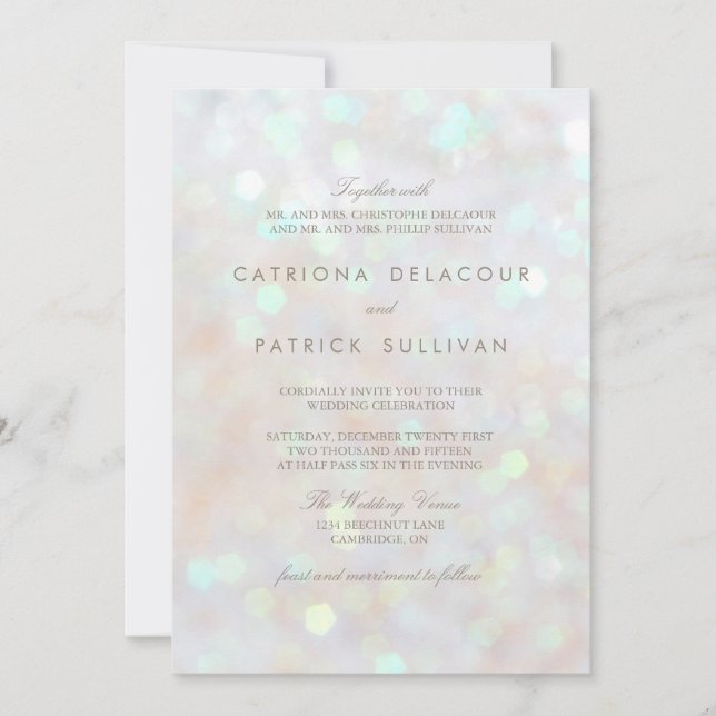 White Subtle Glitter Bokeh Wedding Invitation (Front)