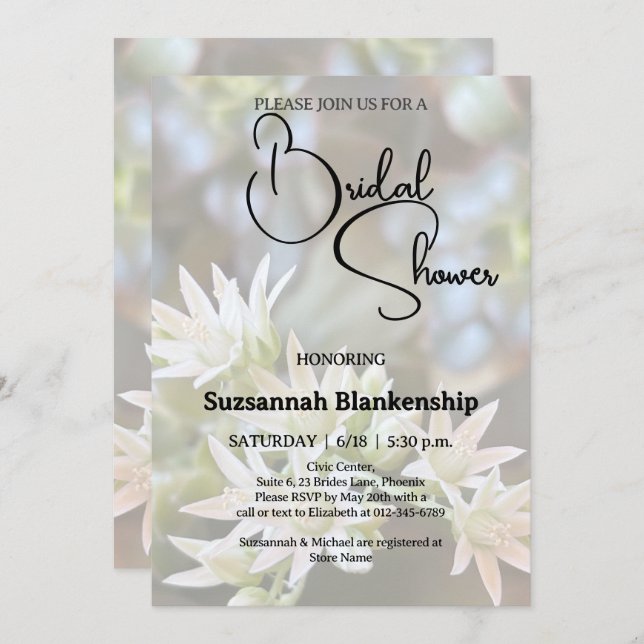 White Succulent Floral Background Bridal Shower  Invitation (Front/Back)