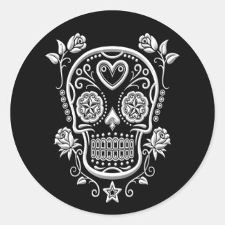 White Sugar Skull with Roses on Black Classic Round Sticker