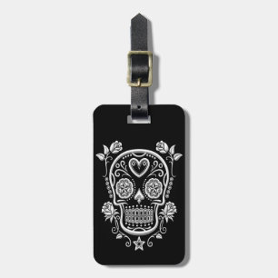 White Sugar Skull with Roses on Black Luggage Tag