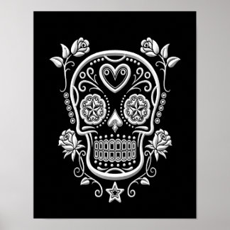 White Sugar Skull with Roses on Black Poster