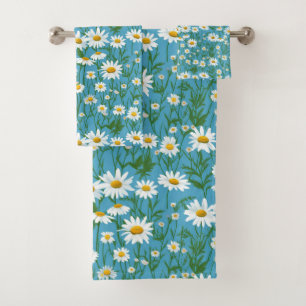 White Summer Daisies On Aqua Bath Towel Set