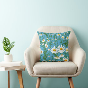 White Summer Daisies On Aqua Cushion
