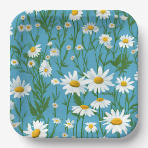 White Summer Daisies on Aqua Paper Plate