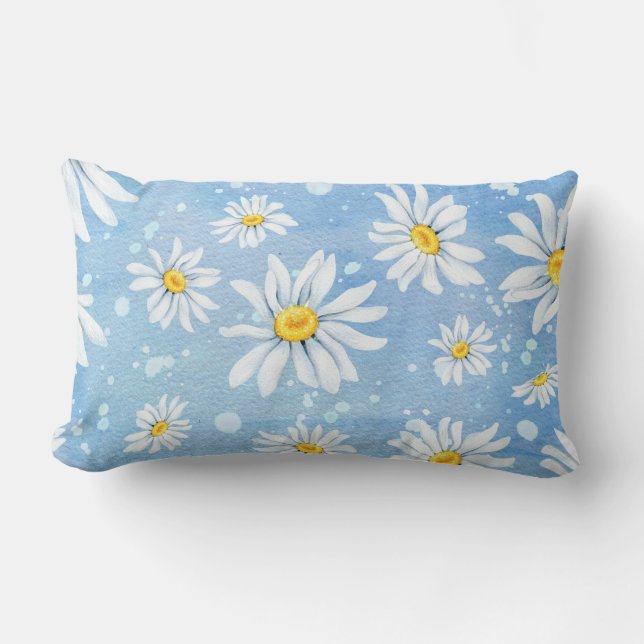 white summer daisy design on blue lumbar cushion (Front)
