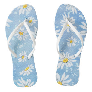 white summer daisy on blue thongs