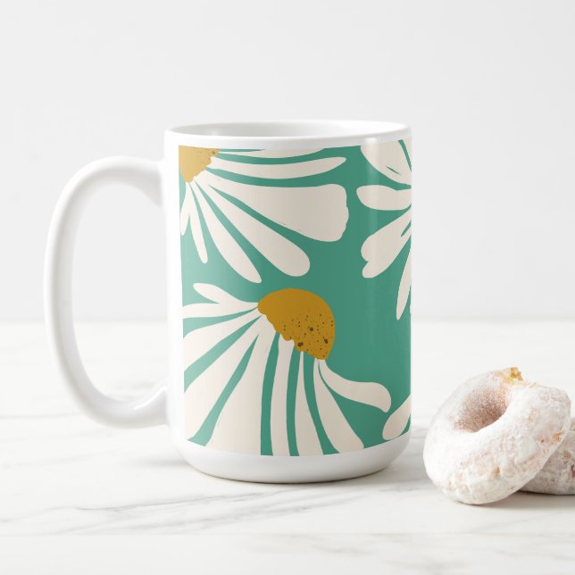 White Summer Daisy Petals with Customizable Backgr Coffee Mug (With Donut)