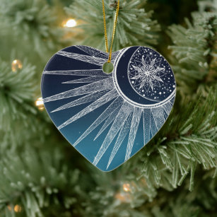 White Sun Moon Mandala Blue Gradient Design Ceramic Ornament