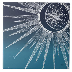 White Sun Moon Mandala Blue Gradient Design Ceramic Tile