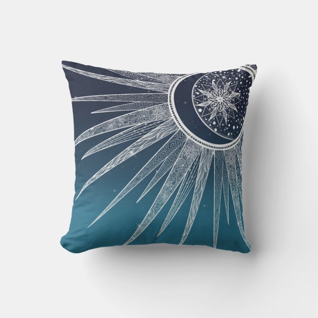 White Sun Moon Mandala Blue Gradient Design Cushion (Front)
