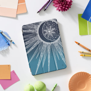 White Sun Moon Mandala Blue Gradient Design iPad Pro Cover