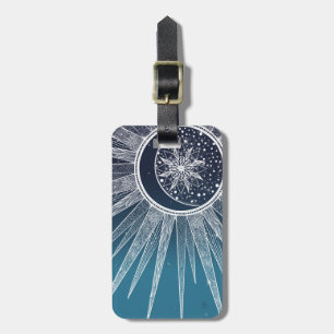White Sun Moon Mandala Blue Gradient Design Luggage Tag