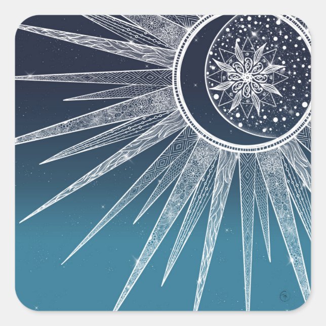 White Sun Moon Mandala Blue Gradient Design Square Sticker (Front)