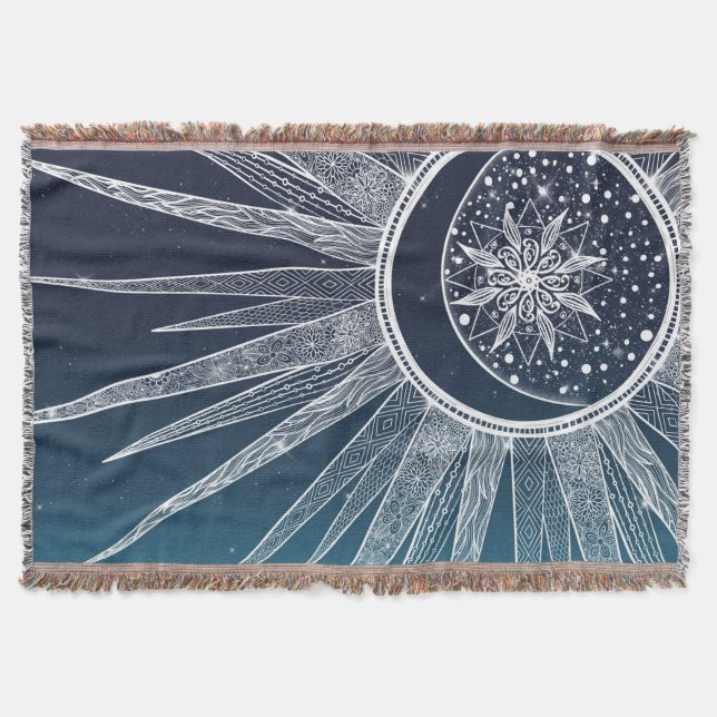 White Sun Moon Mandala Blue Gradient Design Throw Blanket (Front)