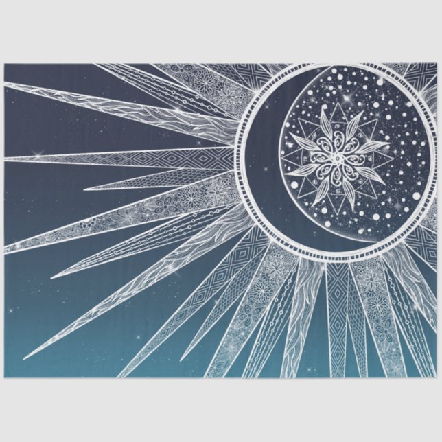 White Sun Moon Mandala Blue Gradient Design Tissue Paper (Front)