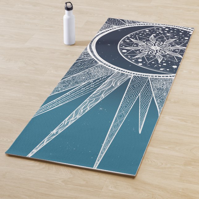 White Sun Moon Mandala Blue Gradient Design Yoga Mat (In Situ)