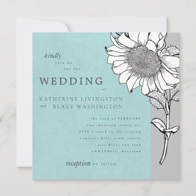 White Sunflower Grey Square Wedding Invitation (Front)